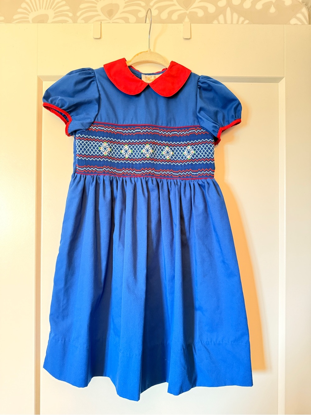 Classic Blue Smocked Girls Christmas Dress with Red Collar, 3T